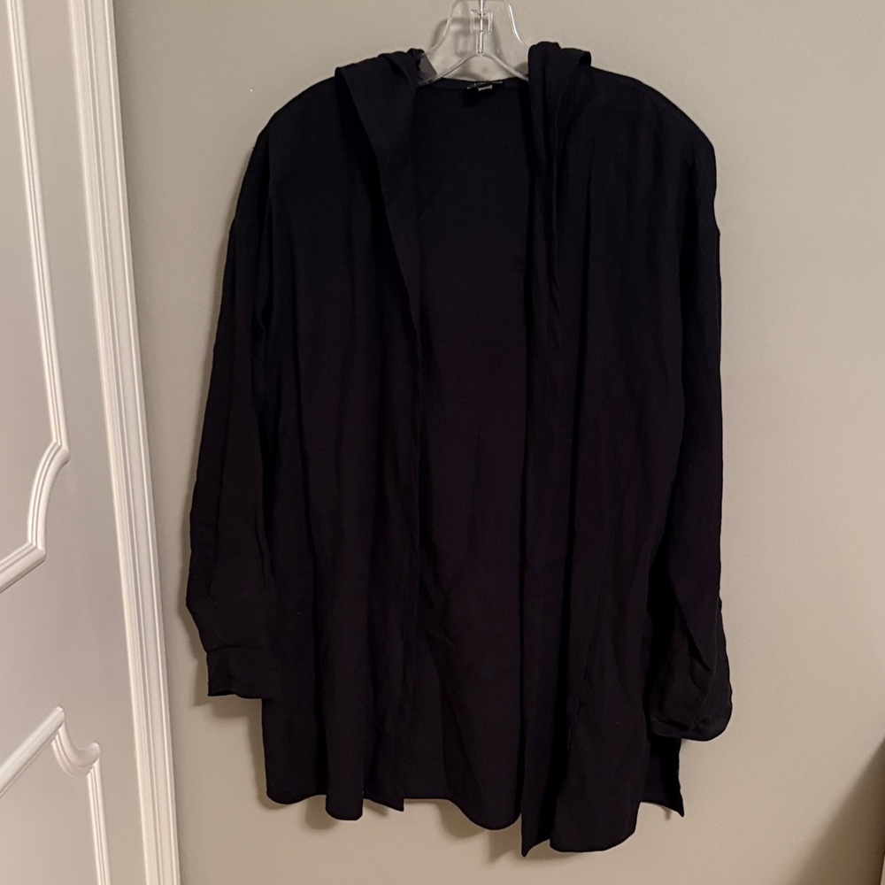 Eileen Fisher Black Linen Hooded Blazer